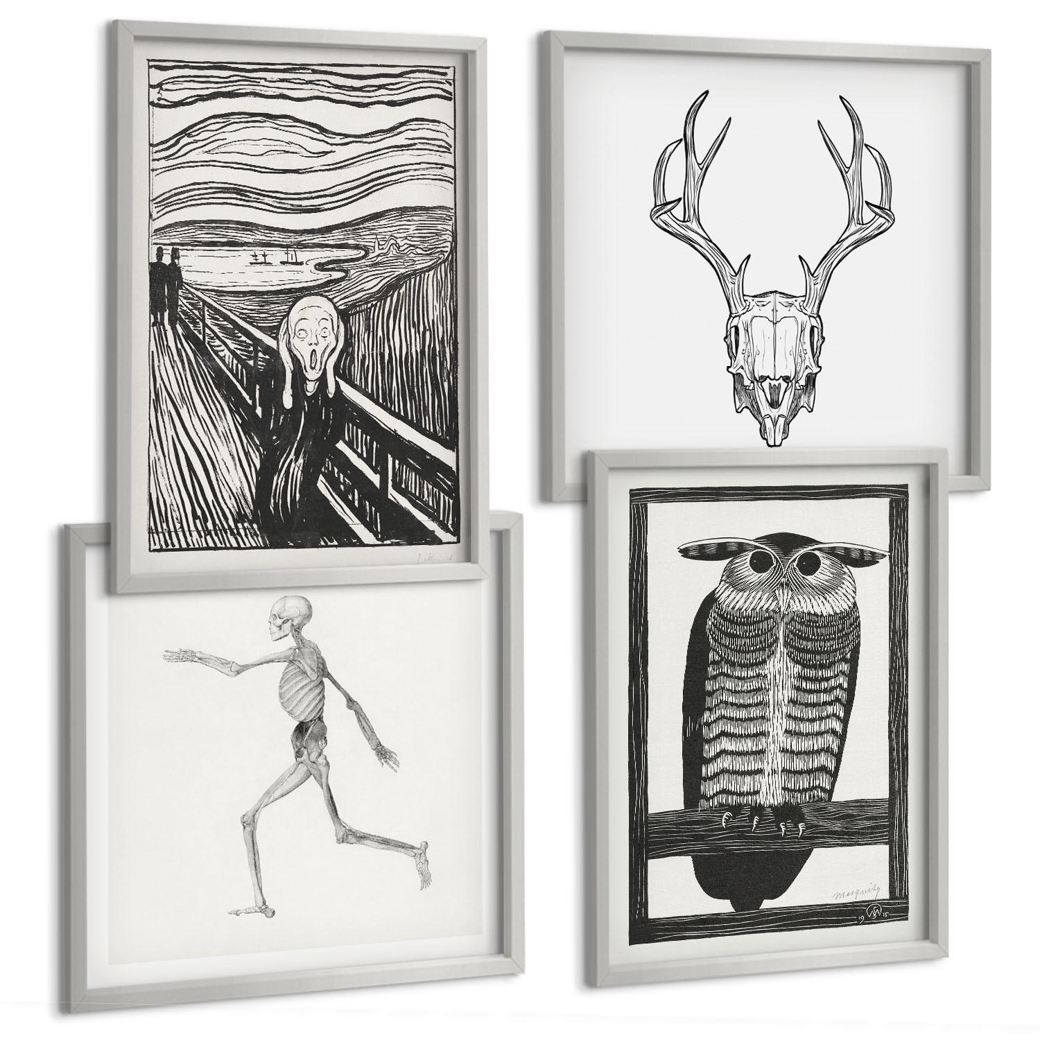 BILDER SET 4er Set - 50x50 cm & 40x60 cm Silberner Rahmen - Inspiration Schrei Schädel Eule - Silberfarben, Kunststoff (50/50cm) - TULUP