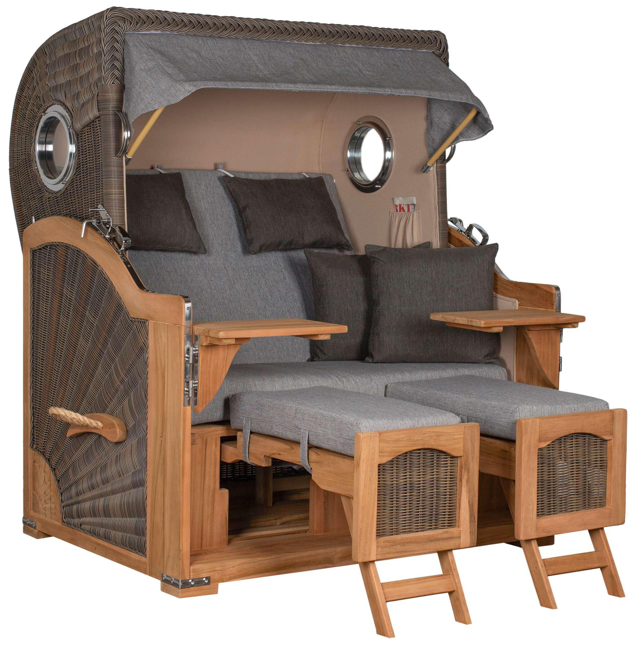 STRANDKORB Düne Grande Bullauge Teak PE Grey Dessin 570 - Braun/Grau, Metall (142/170/95cm) - Mr. Deko