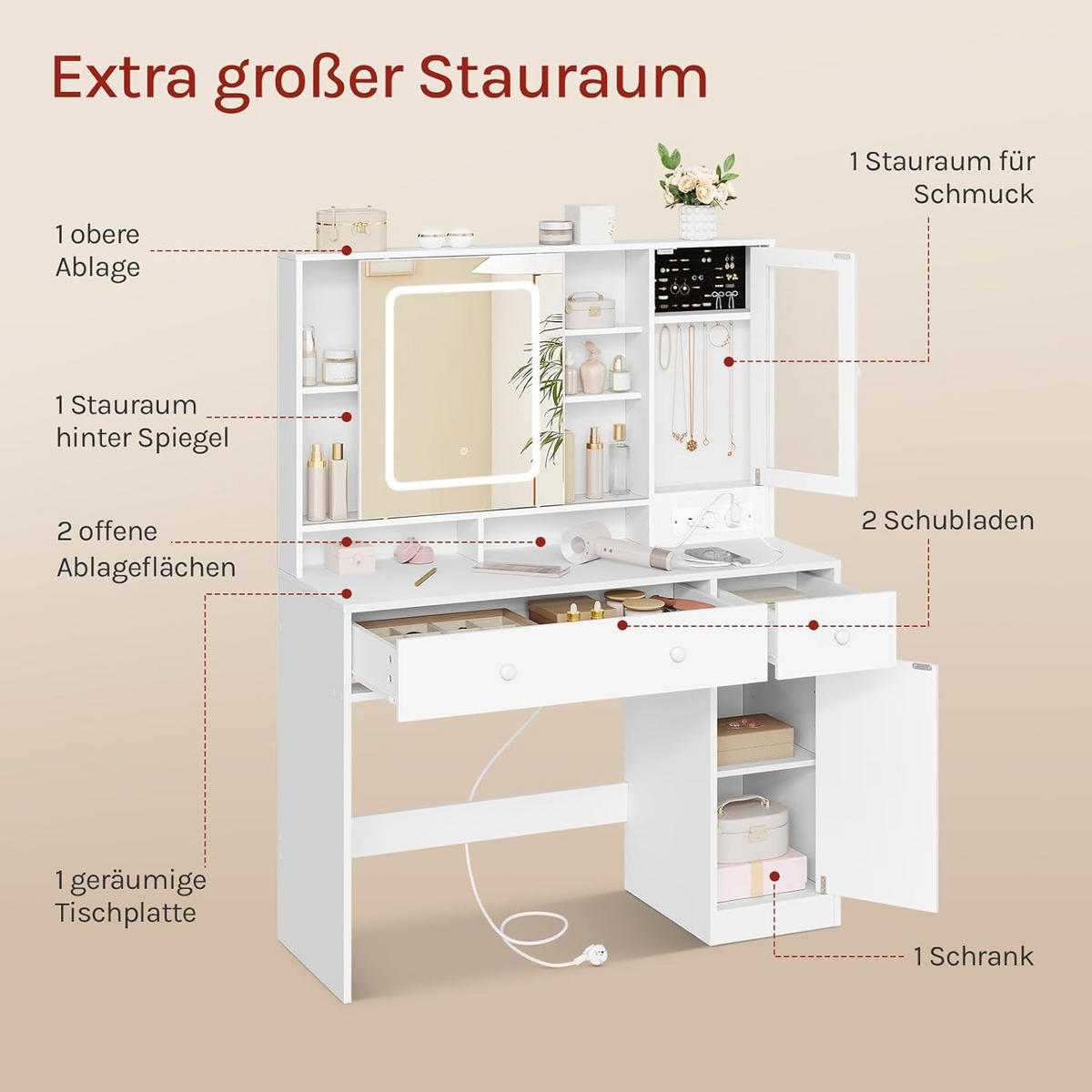 SCHMINKTISCH mit LED Beleuchtung, Spiegel, Einstellbarer Helligkeit, Weiß - Weiß, Glas/Holzwerkstoff (108/139/40cm) - Woltu