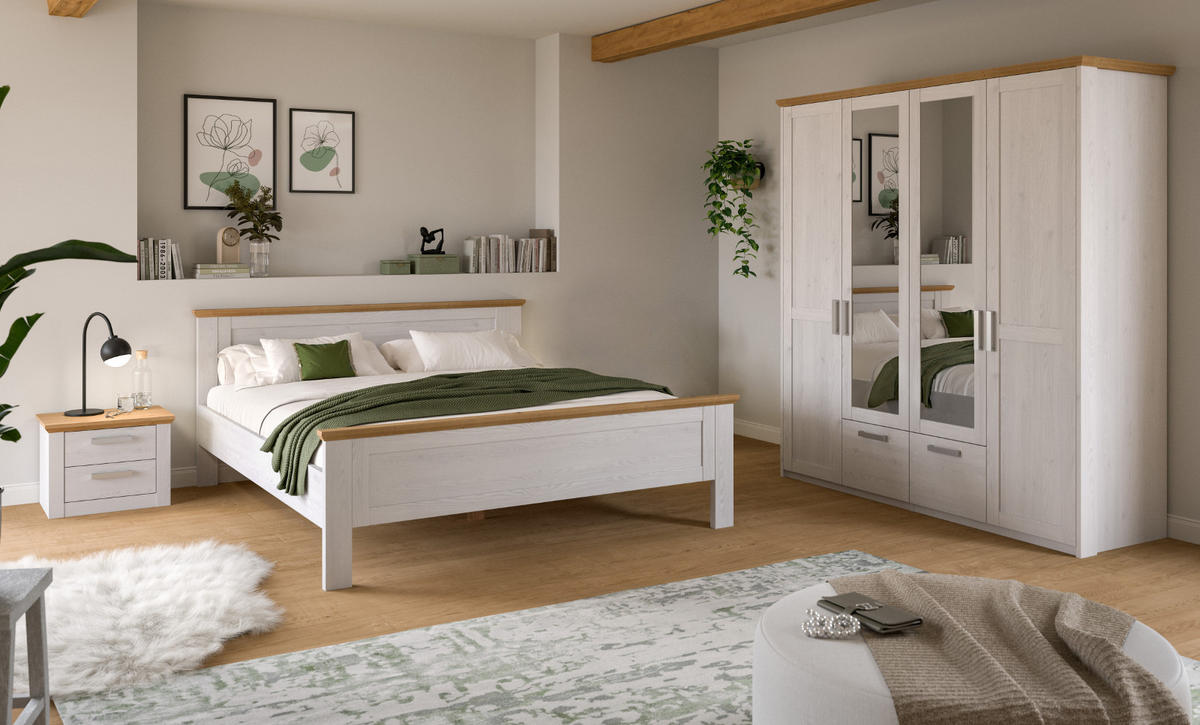 SCHLAFZIMMER weiß Lärche, Eiche Artisan Landhaus, Komplettset mit Bett, Kleiderschrank und Nachttisch - Eichefarben/Silberfarben, Holzwerkstoff/Kunststoff (180/200cm) - Inn.Furn