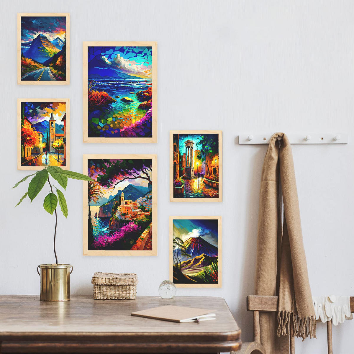 POSTER Set Mit 6 Berge Im Ölgemälde Stil A3 & A4 Rahmen Aus Hellem Holz - Beige, Papier (29/3cm) - Nacnic