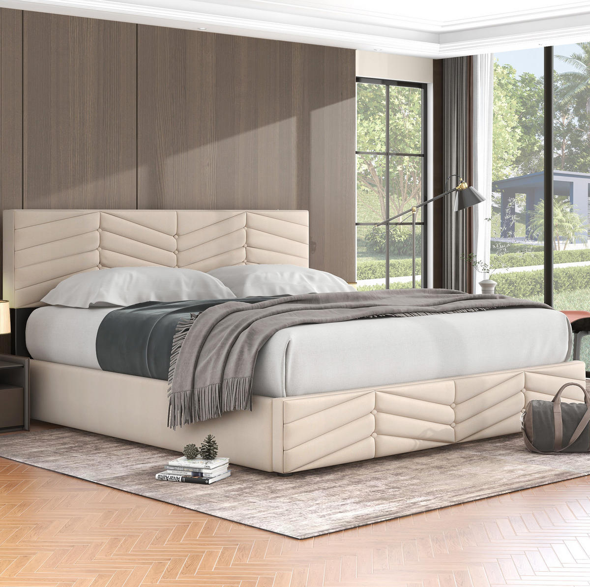 POLSTERBETT 180/200 cm Beige aus Samt mit Stauraum und verstellbarem Kopfteil - Beige, Textil (180/200cm) - Flora Grace