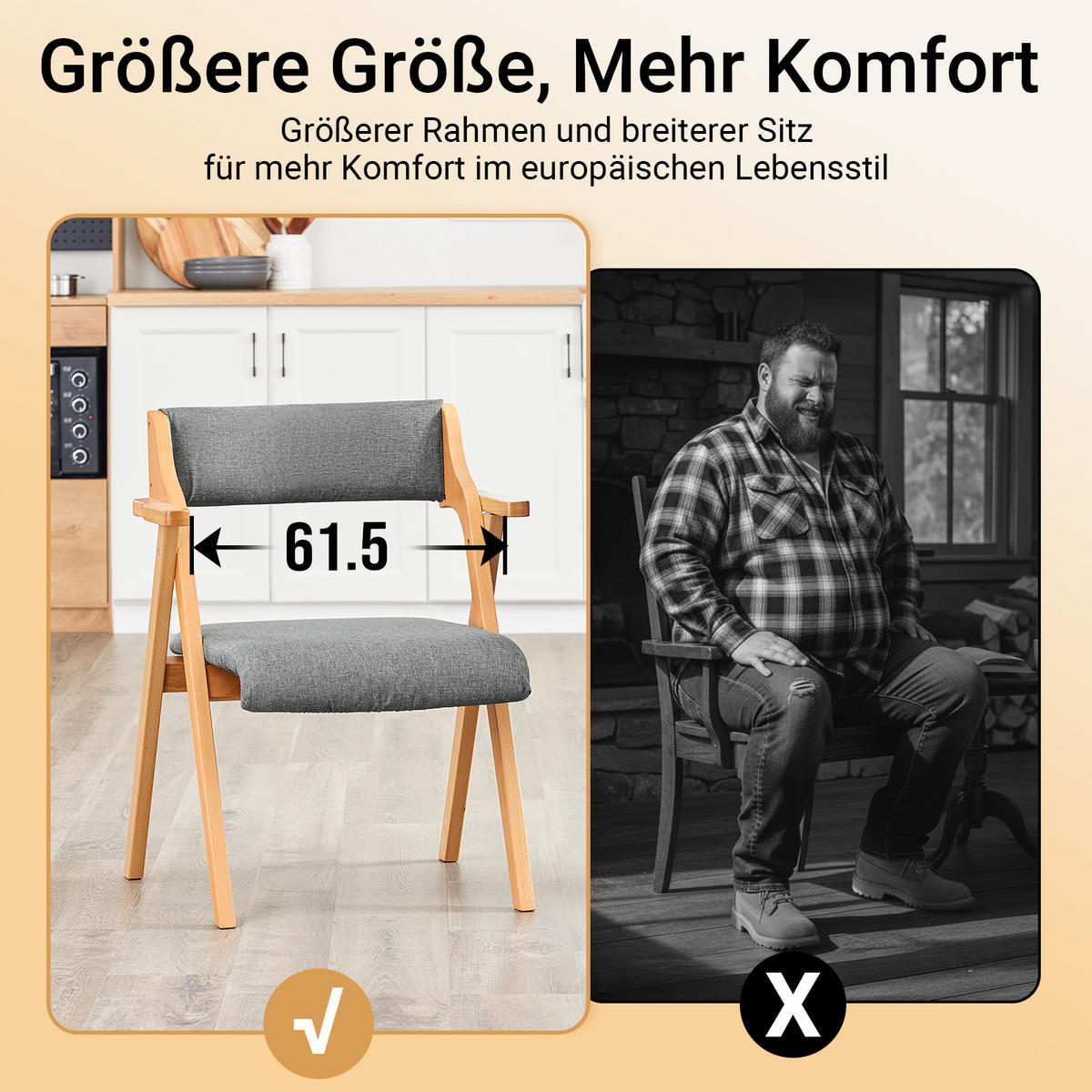 HOLZSTUHL mit Armlehnen und Faltfunktion FST98-HGX2 - Ahornfarben, Fell (62/78/56cm) - SoBuy