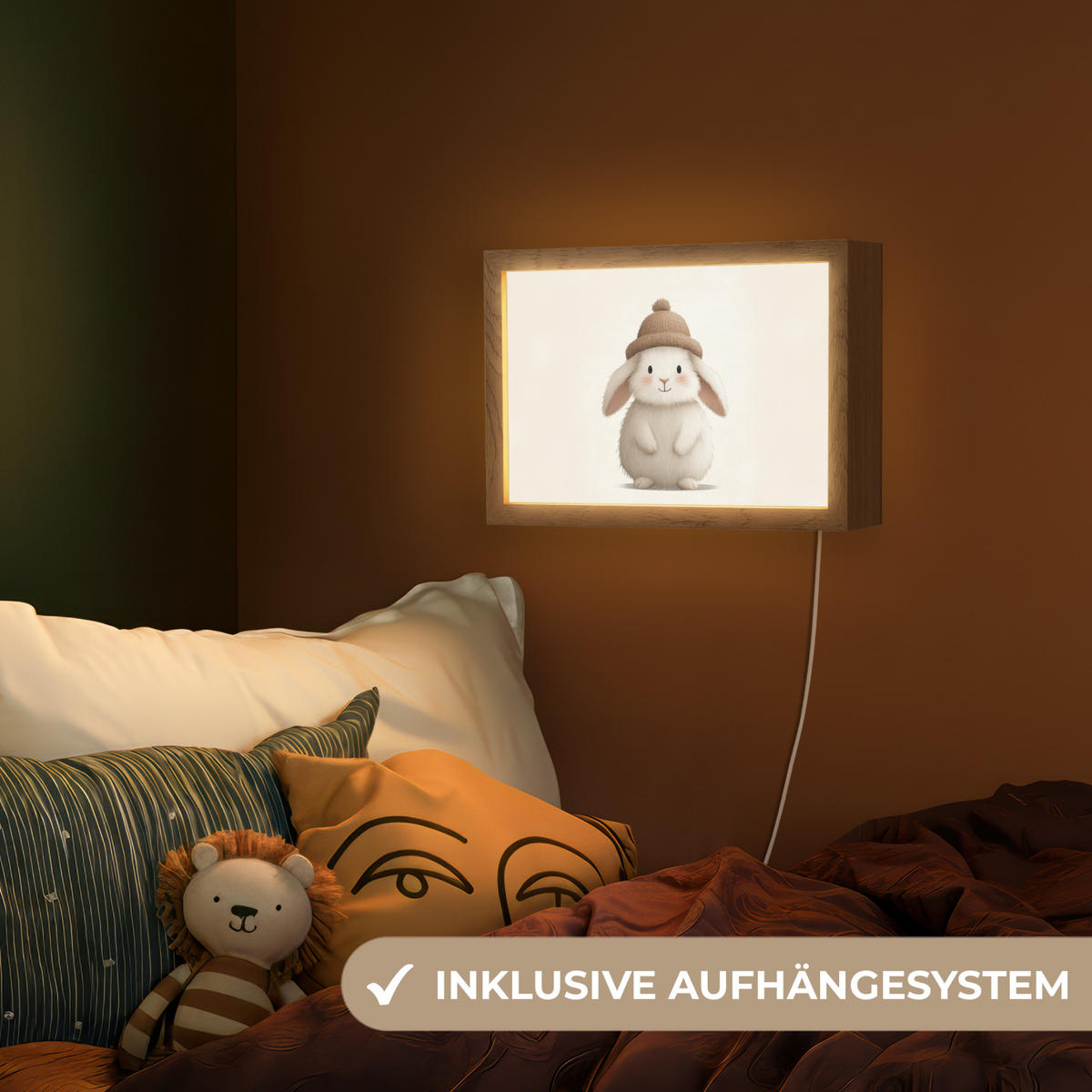 NACHTTISCHLAMPE Kaninchen - Hut - Ohren - Beige 30x20 cm - Creme, Holzwerkstoff (8/30/20cm)