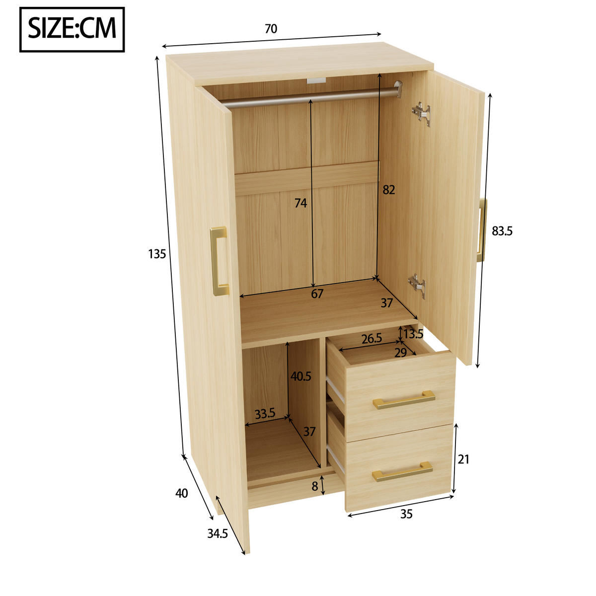 KLEIDERSCHRANK 70x135 cm in Natur Holz-Optik mit 2 Türen - Naturfarben, Holzwerkstoff (70/135/40cm) - Urban Meuble