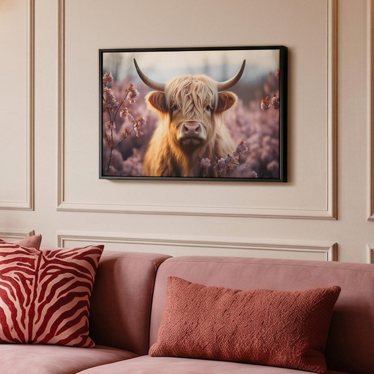 LEINWAND Bilder mit Rahmen - Schottischer Hochländer - Frühling - Hochland - 60x40 - Hellrosa, Textil (60/40cm) - MuchoWow