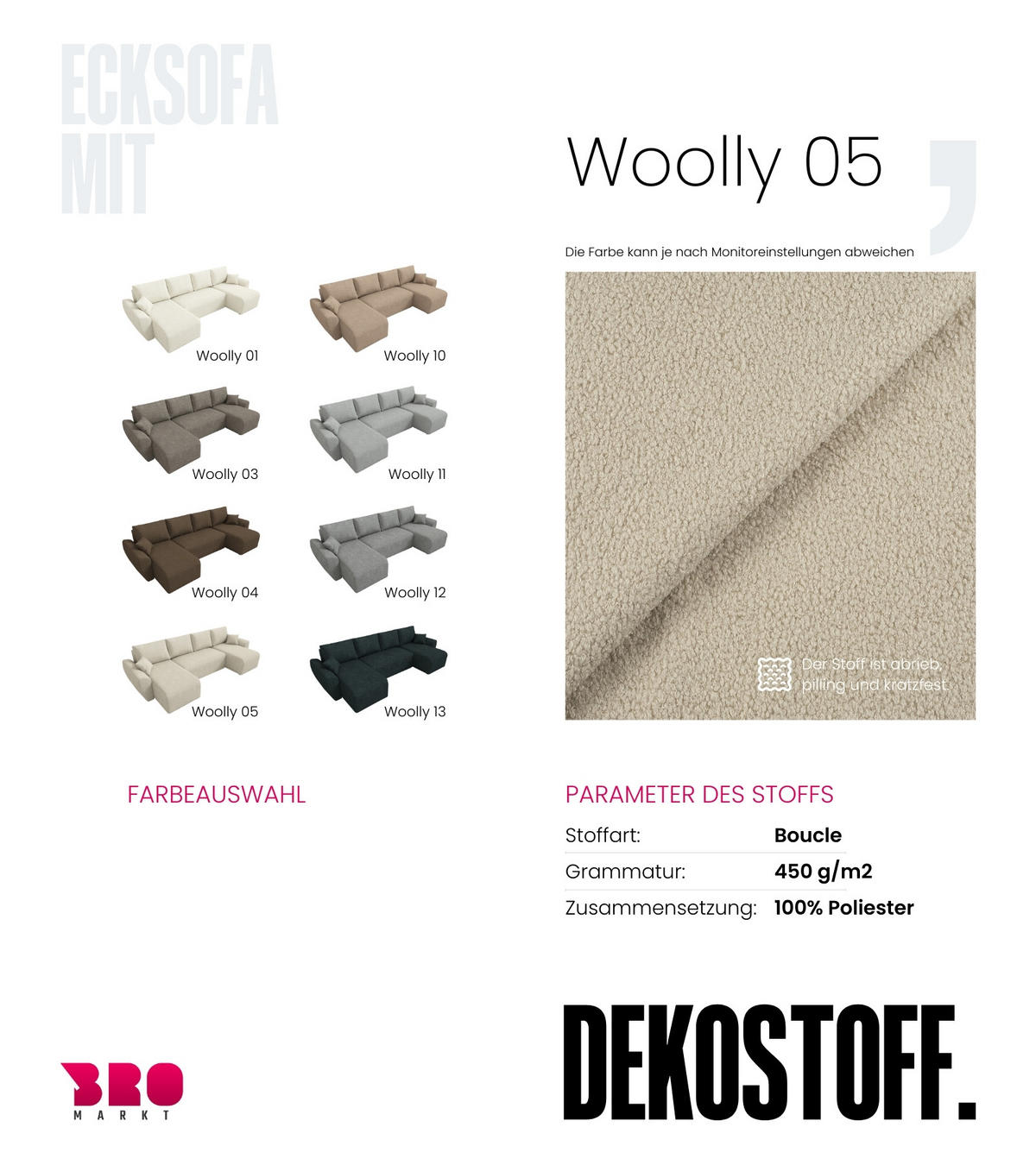 WOHLANDSCHAFT Rotterdam U mit Schlaffunktion Beige Bouclé - Grau, Textil (310/80/141cm) - Bromarkt