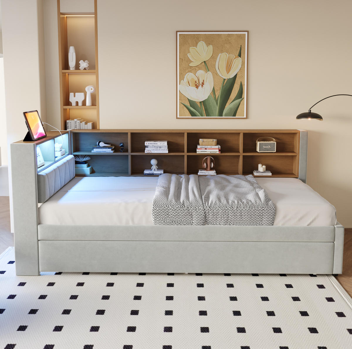 BETT aus Flanell 90x200 cm Hellgrau mit Ausziehbett 90x190 cm, LED, USB-C, Steckdose und Stauraum - Hellgrau, Textil (140/200cm) - Modfu