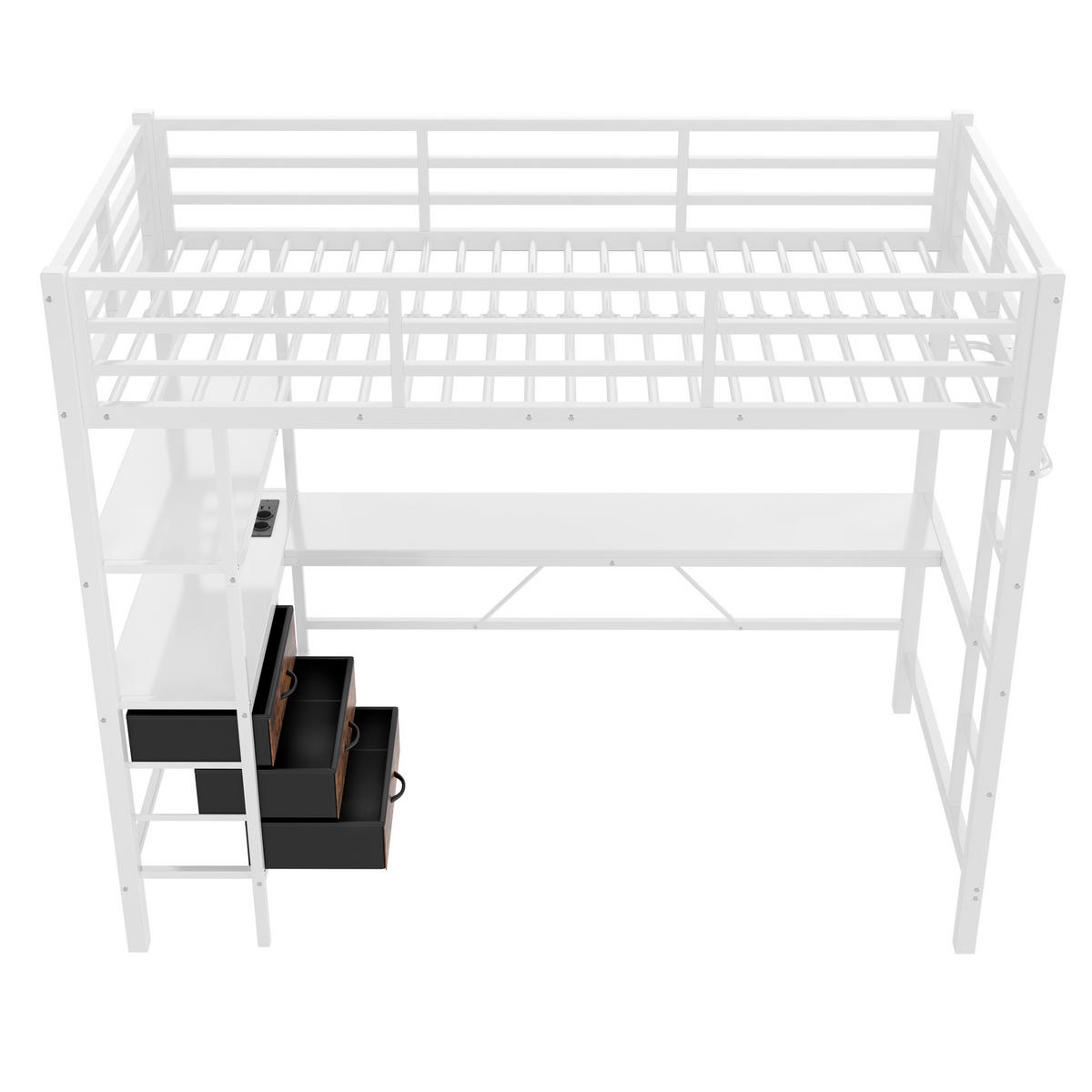 HOCHBETT 90/200 cm in Weiß mit LED-Beleuchtung, Schreibtisch und 3 Schubladen - Weiß, Metall (90/200cm) - Flora Grace