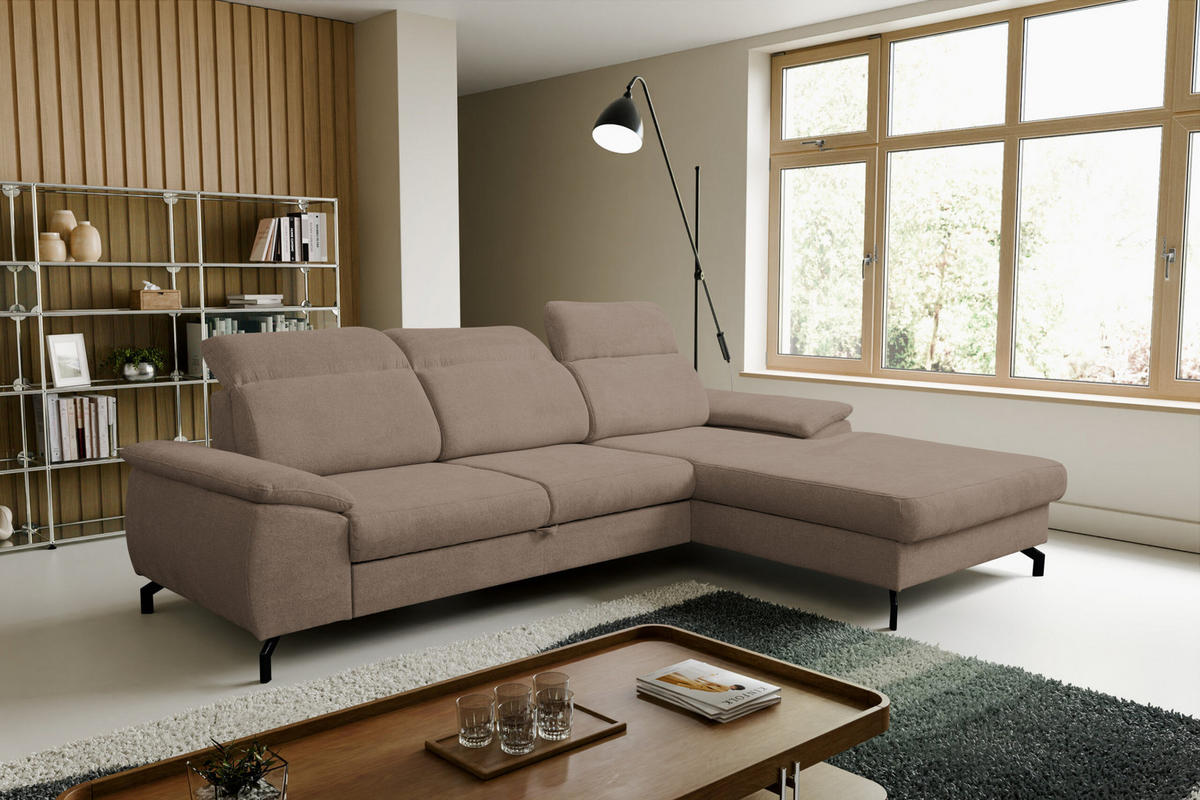 ECKSOFA MALIBU mit Schlaffunktion und Bettkasten, Farbe: Braun, Velourstoff, Ottomane Rechts - Braun, Textil (276/184cm) - VENASI MÖBEL