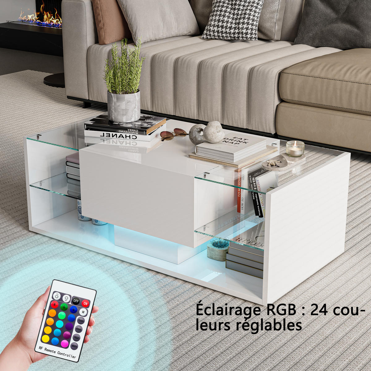 COUCHTISCH LED 100x50x35 cm Glas Hochglanz weiß - Weiß, Holz (50/100/35cm) - LEBENLANG