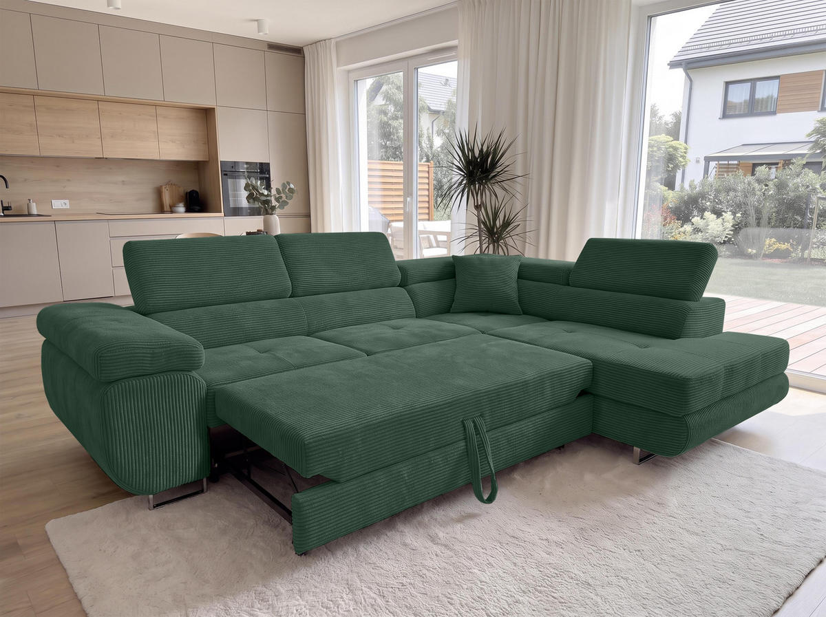 ECKSOFA L Form Konak Flaschengrün 276/201/90 cm Rechts mit Schlaffunktion - Dunkelgrün/Silberfarben, Textil/Metall (276/203cm) - AX Living