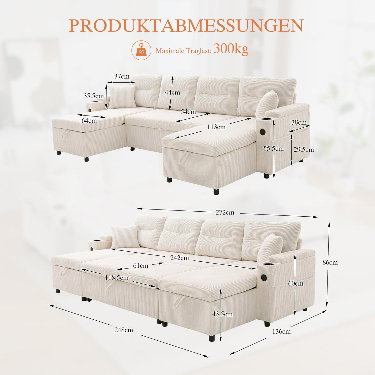 ECKSOFA 4-Sitzer Cord mit Stauraum und USB-Anschluss Schlaffunktion 272/136/86 cm Beige - Beige, Textil (136/86/272cm) - Redom