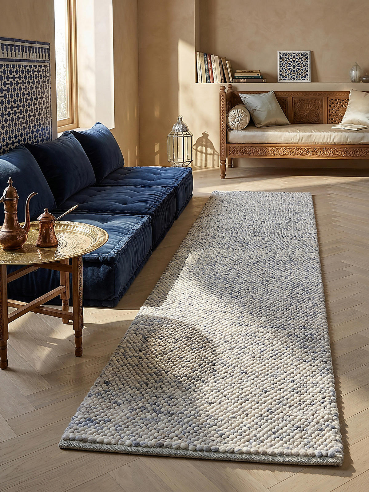 TEPPICH aus Wolle handgewebt MEDWAY in Blau, einfarbig, 60 x 230 cm - Blau, Textil (230/60cm) - KADIMA DESIGN