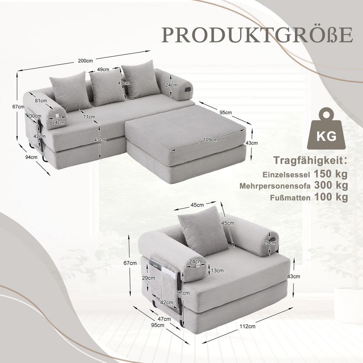SITZGARNITUR DE-33801 modular mit Hocker Hellgrau - Hellgrau, Metall (200/67/190cm) - ComfortXL