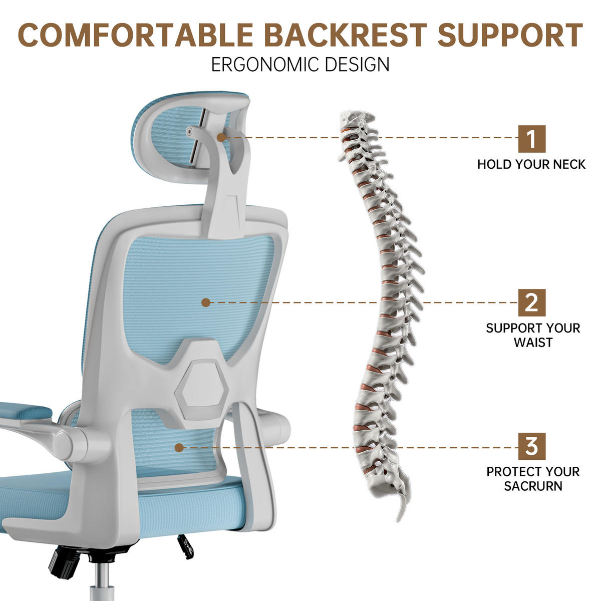 BÜROSTUHL Weiß-Blau ergonomisch mit klappbaren Armlehnen - Blau, Metall (25/52.5/65cm) - Rattrix
