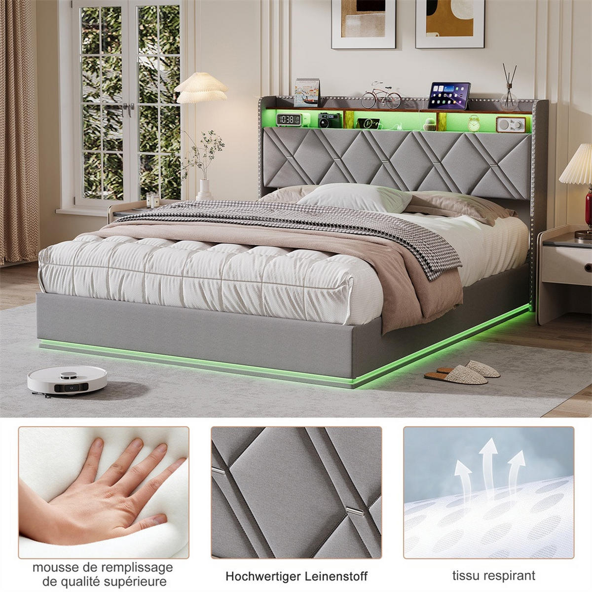POLSTERBETT 140x200cm mit hydraulischer Hebefunktion - USB Type-C und LED-Beleuchtung - ohne Matratze - Grau - Grau, Textil (140/200cm) - DELFA