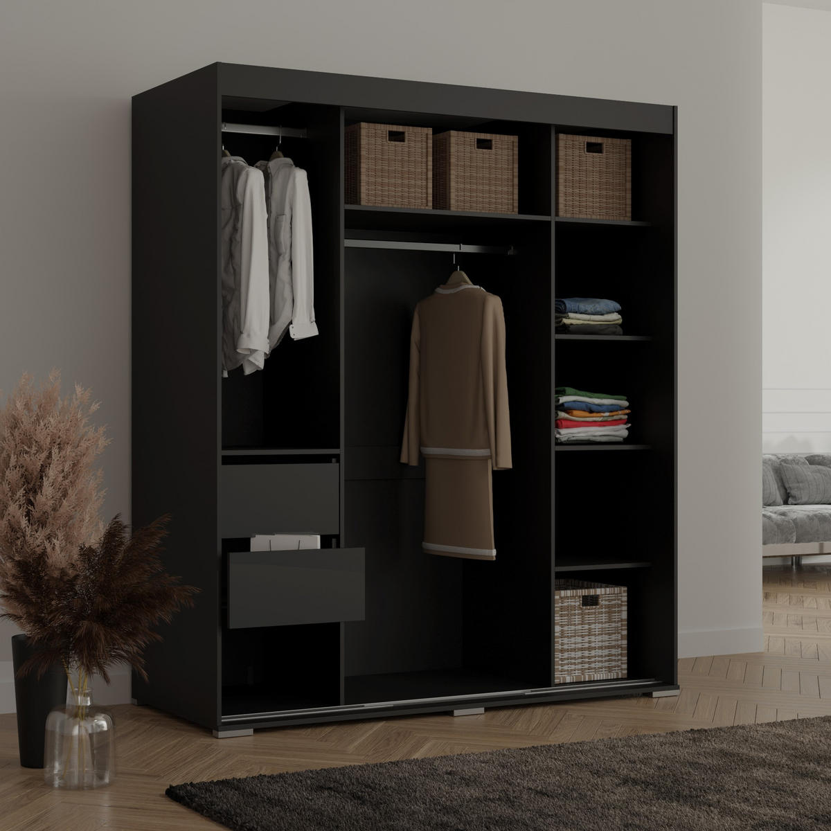 SCHIEBETÜRENSCHRANK mit Schubladen und Spiegel Como 3D1L 180 Schwarz (lacobel) - Silberfarben/Schwarz, Holzwerkstoff/Metall (180/208/67cm) - mzm24