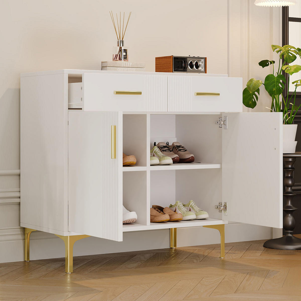 SIDEBOARD 80/35/79,5 cm in Weiß mit 2 Türen, 2 Schubladen und Metallfüßen - Weiß, Holzwerkstoff (80/79.5/35cm) - Flora Grace