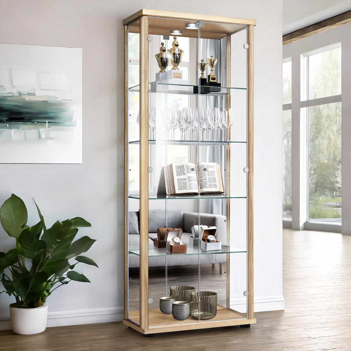 GLASVITRINE 33/67/176 cm mit Spiegel, LED, Schloss & 4 höhenverstellbaren Glasböden - Transparent/Silberfarben, Glas/Holzwerkstoff (67/176/33cm) - K-Möbel