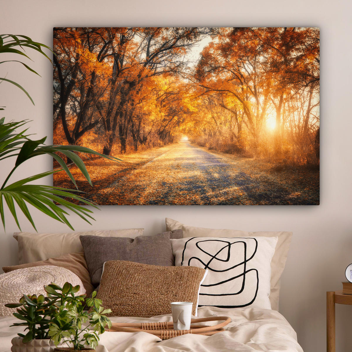 LEINWANDBILD Wald - Herbst - Bäume - Waldweg - Natur Groß 140x90 cm - Bernsteinfarben, Textil (140/90cm) - MuchoWow