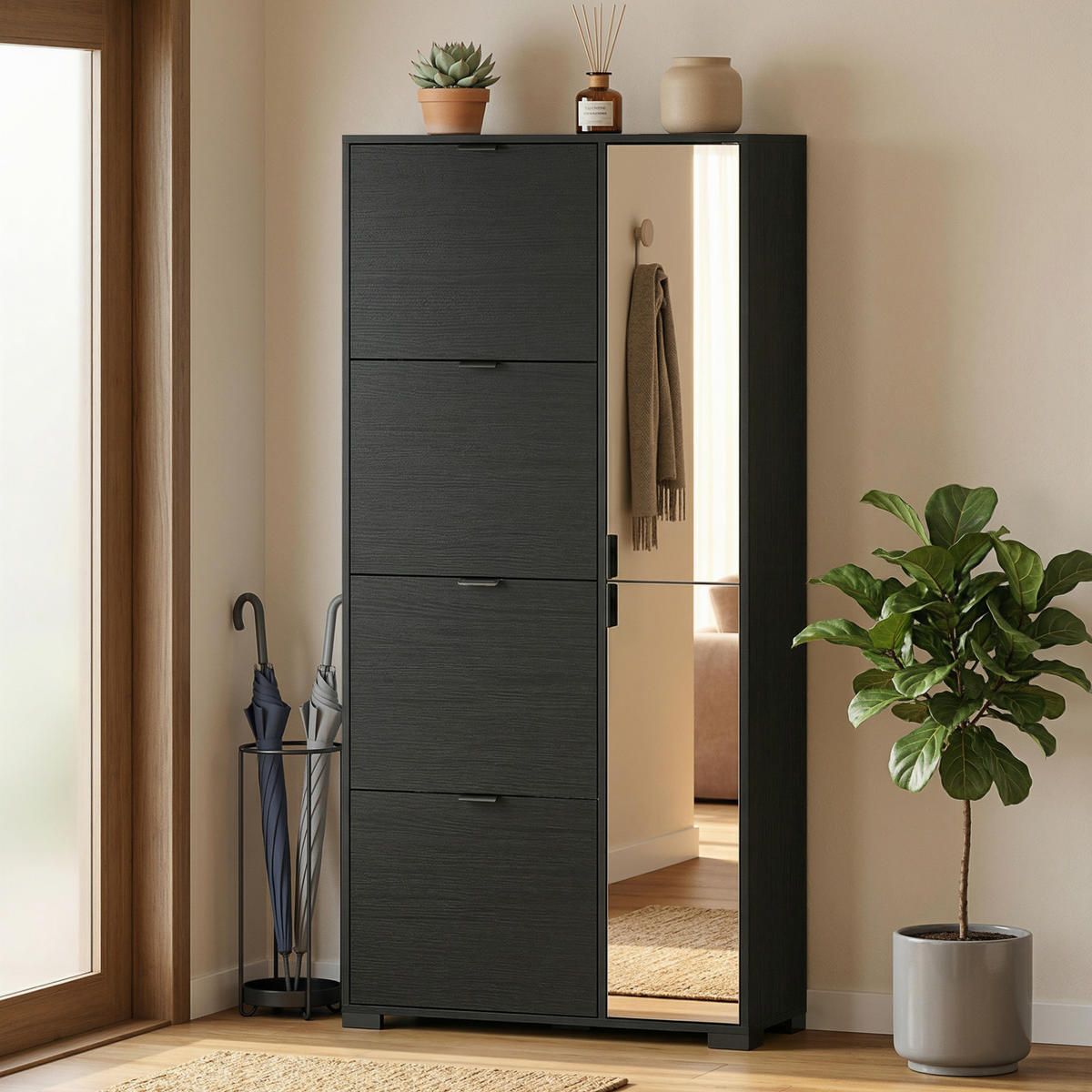 SCHUHREGAL,4 Klappschubladen mit Spiegel für 16 Paar,schwarz - Schwarz, Holzwerkstoff (82/168/30cm) - Vallsero