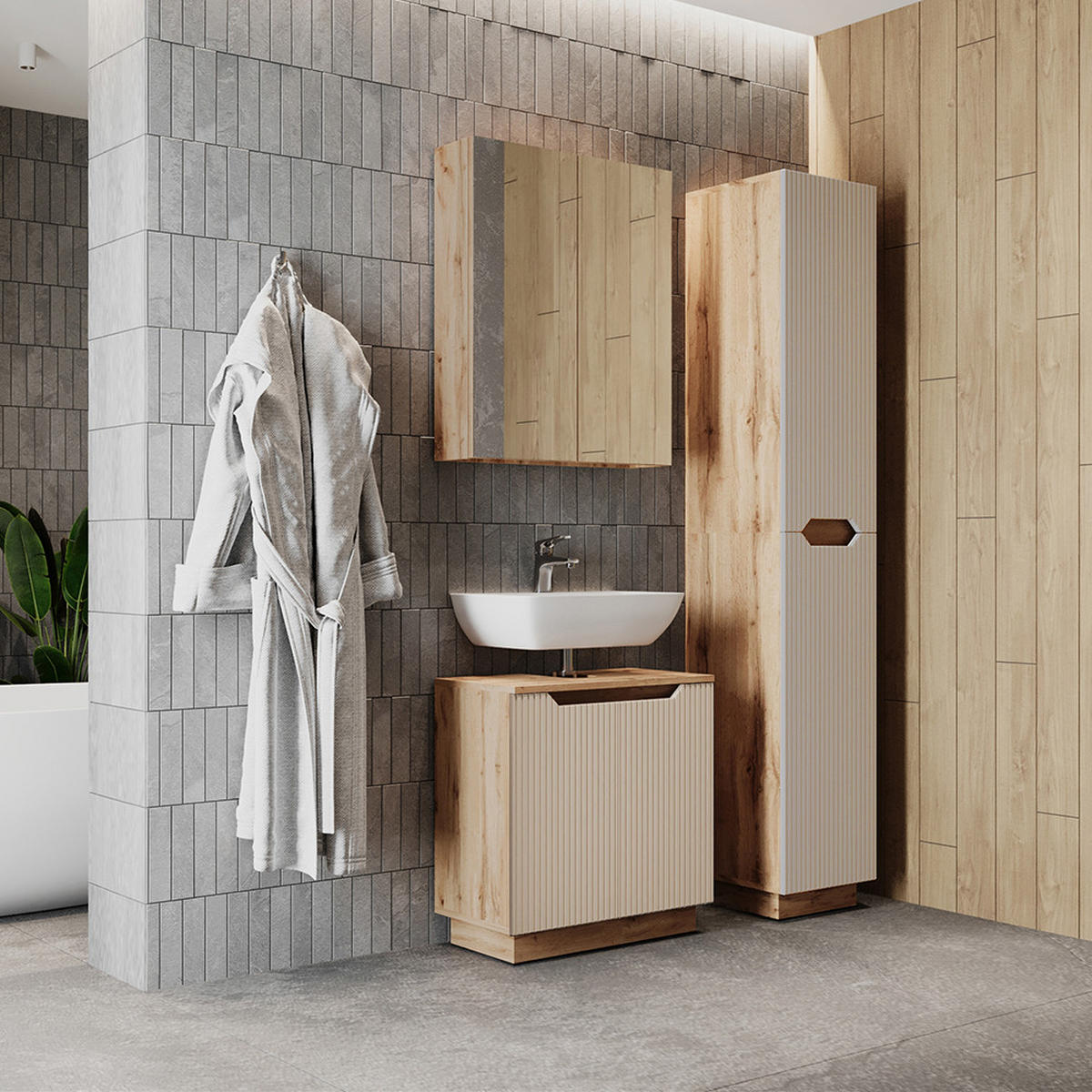 KOUPELNOVÝ NÁBYTEK Lotta Dubový/kašmírový pruhovaný - kašmírová/barva dubu, kompozitní dřevo (59.8/62.1/32cm) - Vicco
