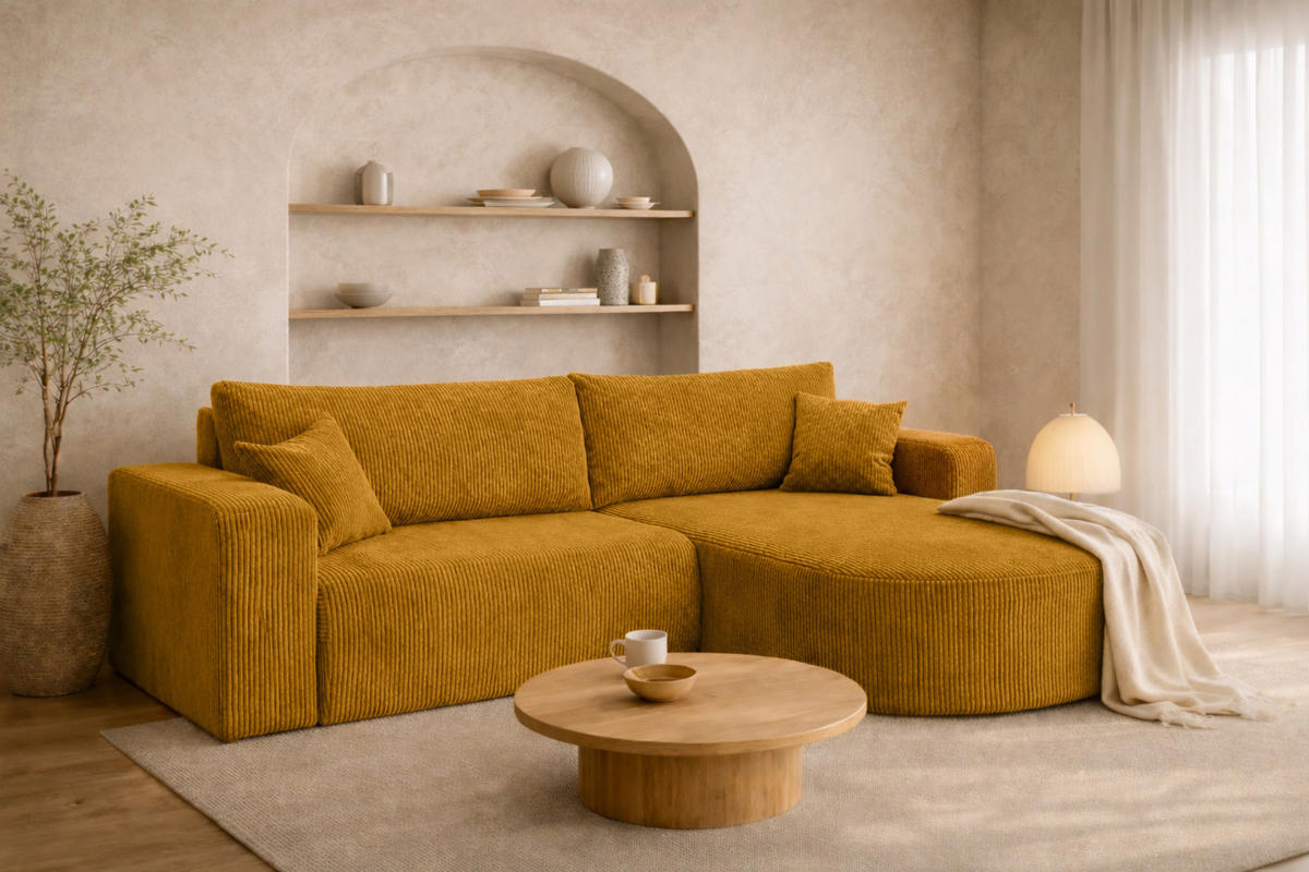 ECKSOFA Mit Schlaffunktion, Cordstoff Poso, Senffarbe, Rechts, ROUND ONE - Gelb, Holz (244/175cm) - Kaiser Möbel