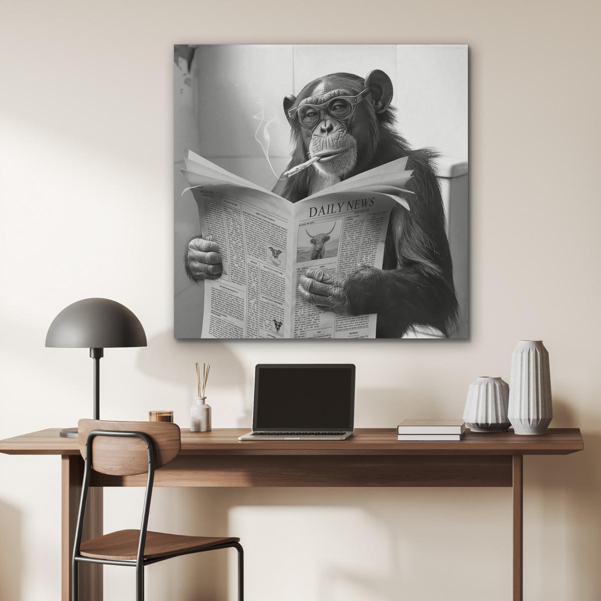 AKUSTIKPANEEL Affe - WC - Zeitung - Schwarz-Weiß - Humor 90x90 cm - Hellgrau, Textil (90/0.9/90cm) - MuchoWow