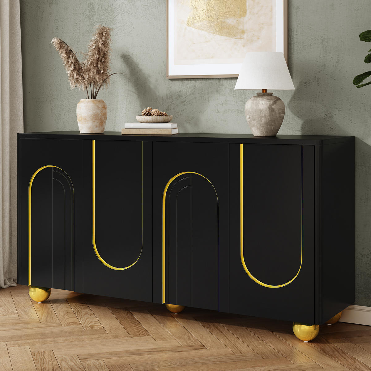 SIDEBOARD 4 Türen Goldlinien Design Kugelfüße Modern Schrank - Schwarz, Holzwerkstoff (140/74/40cm) - FLIEKS