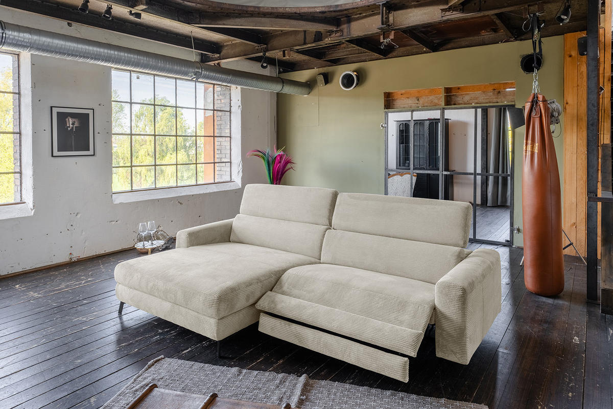 ECKSOFA LAISKA Cremeweiß Cord Relaxfunktion - Creme/Schwarz, Textil/Metall (282/177cm) - KAWOLA