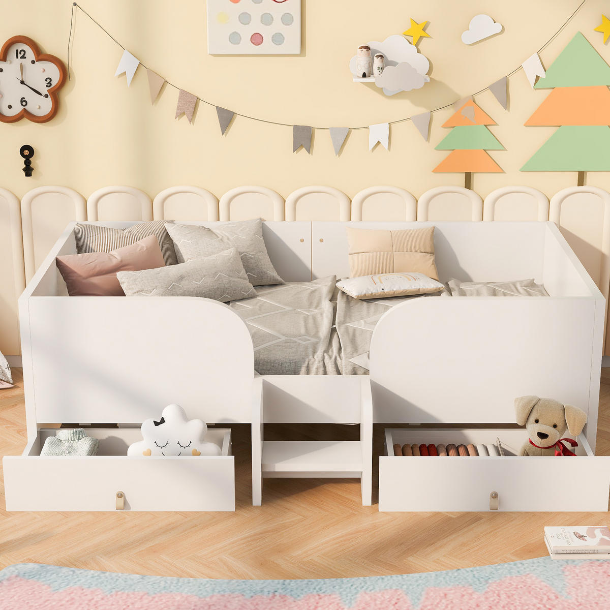 KINDERBETT aus Sperrholz und MDF 90x200 cm Weiß mit Schubladen und Sicherheitsleiter - Weiß, Holzwerkstoff (90/200cm) - Modfu