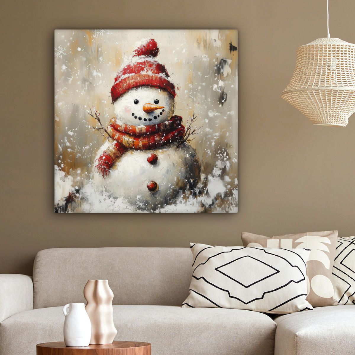 LEINWANDBILD Schneemann - Winter - Schnee - Beige 90x90 cm - Weiß, Textil (90/90cm) - MuchoWow