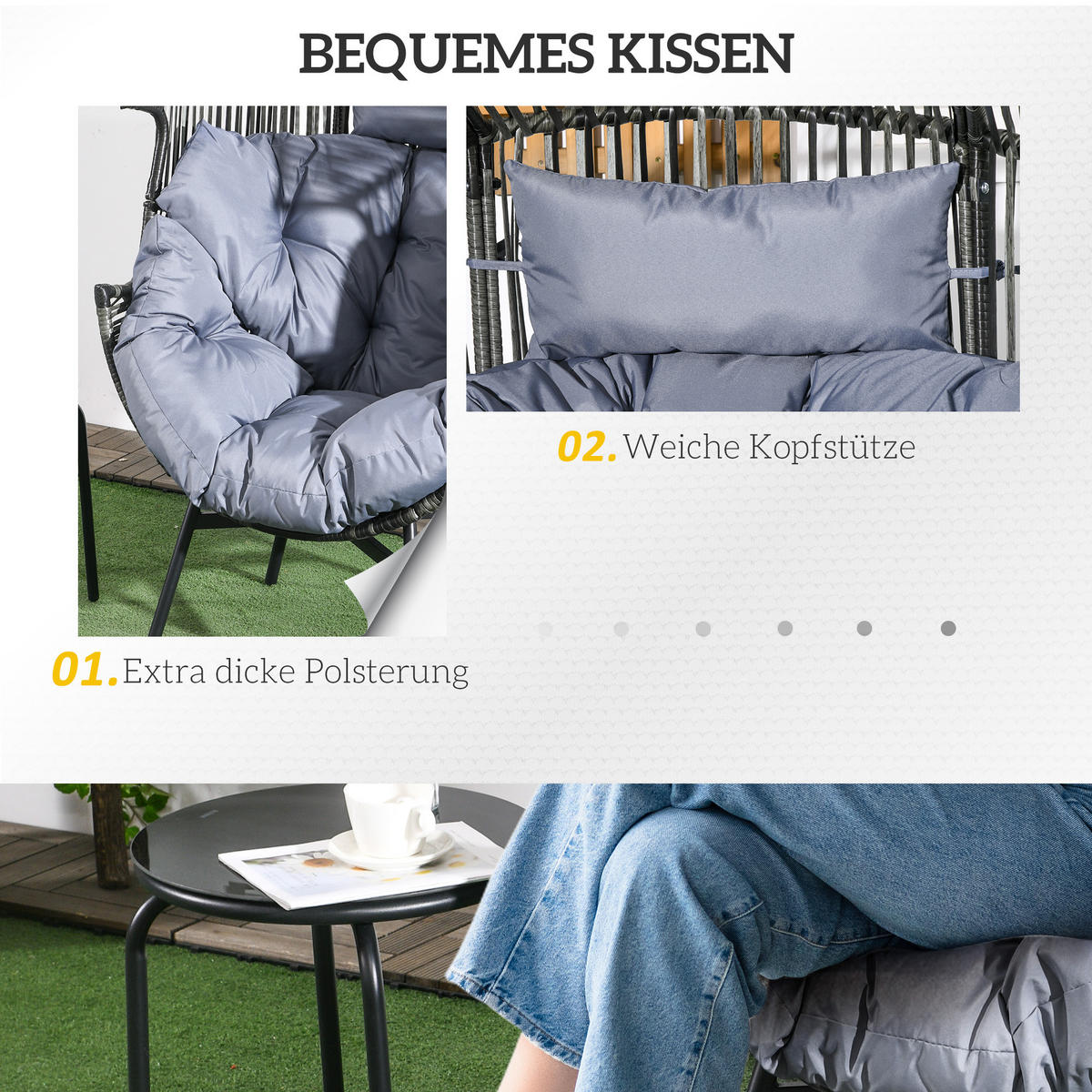 RATTANSESSEL DE-06721 Outdoor-Sessel, PE-Rattan, mit Kissen Grau/Schwarz - Grau, Kunststoff/Metall (75/143/89cm) - ComfortXL