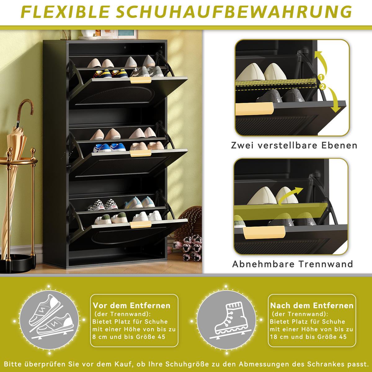 SCHUHSCHRANK 60/24/114 cm in Schwarz mit 3 Klappen und Kippsicherung - Schwarz, Holzwerkstoff (60/114/24cm) - Flora Grace