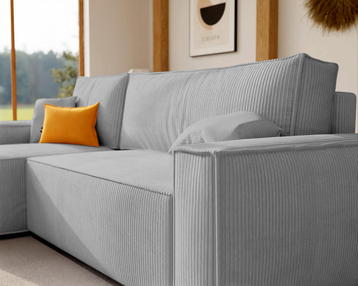 ECKSOFA Paris mit Schlaffunktion Cord - Hellgrau/Grau, Textil (244/155cm) - Idohome