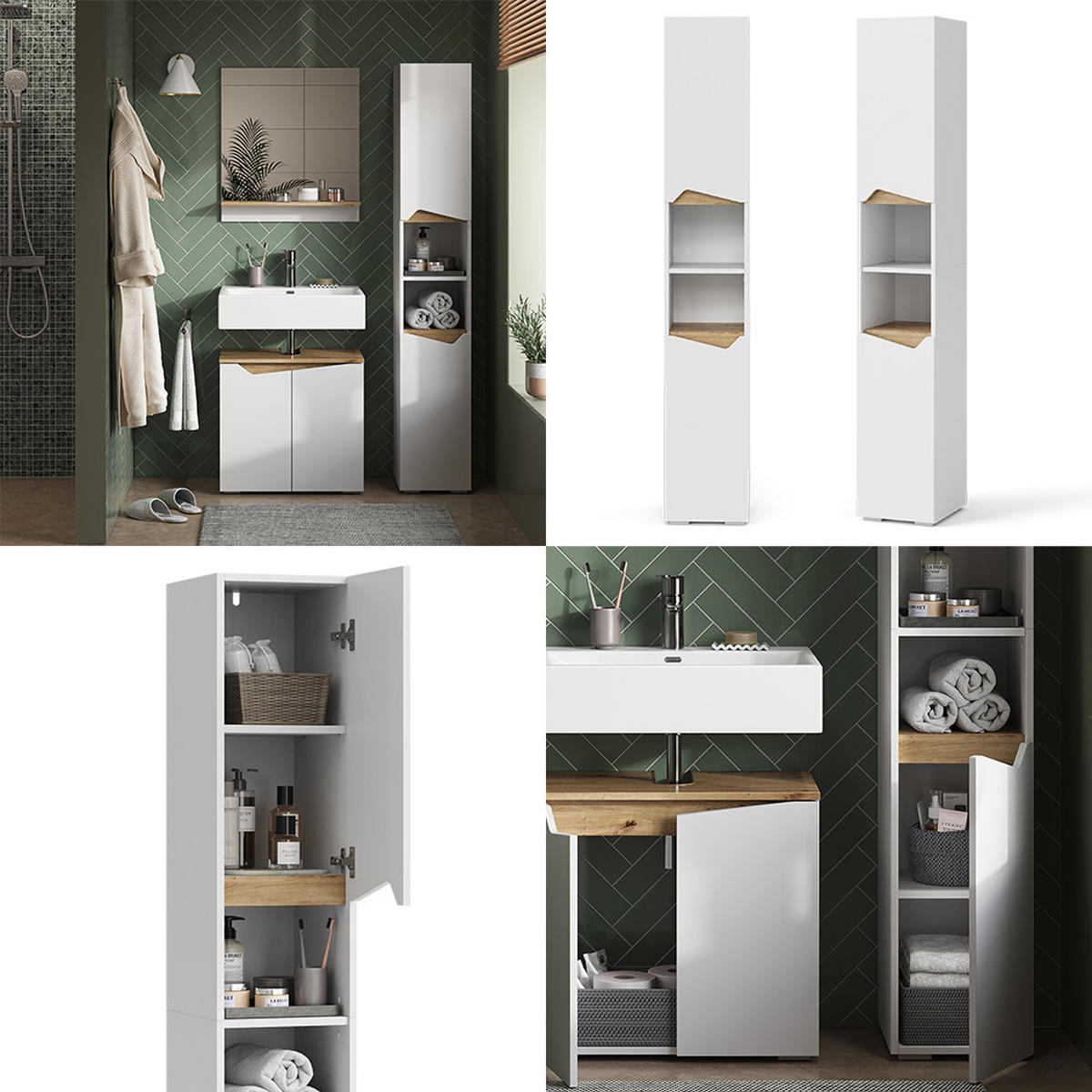 BADSCHRANK Marelle Weiß 30 x 180 cm mit Türen, und offenen Fächern - Weiß, Holzwerkstoff (30/180/35cm) - Vicco