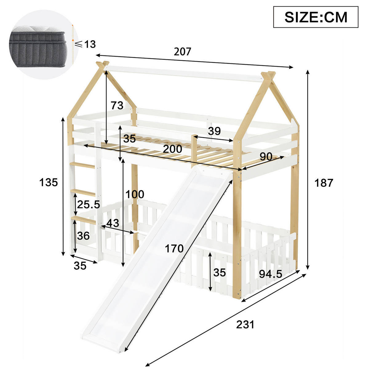 ETAGENBETT 90/200 cm mit Rutsche, Dachform, Freiraum mit Zaun und Leiter, Weiß/Natur - Weiß, Holzwerkstoff (90/200cm) - Redom