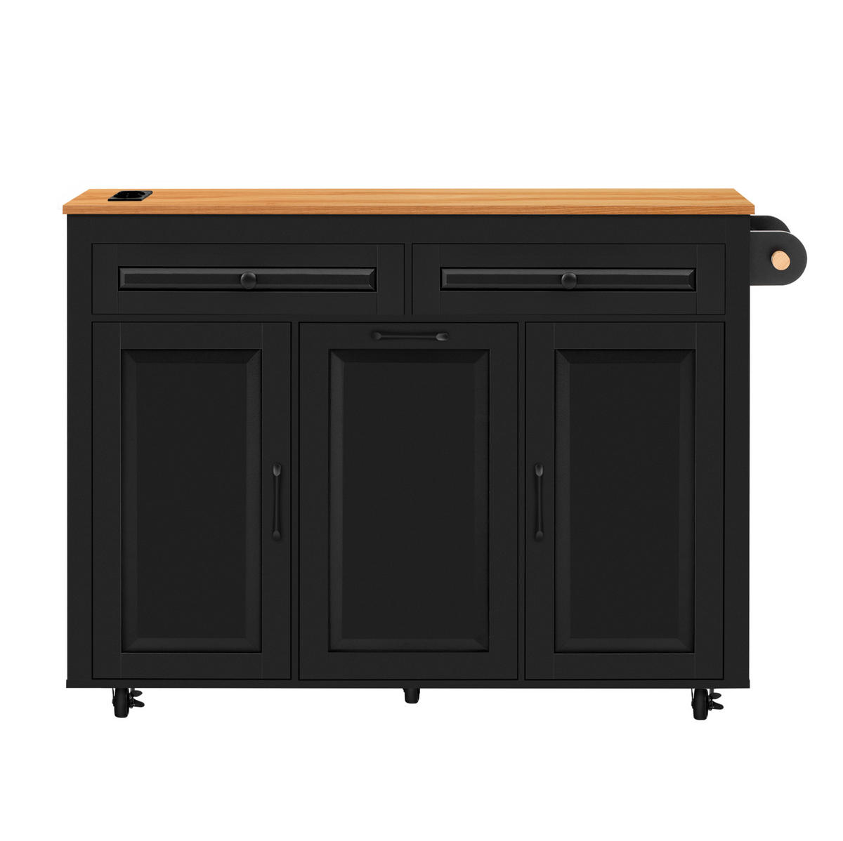 KÜCHENINSEL aus MDF 120/40-75/92 cm mit ausziehbarer Arbeitsplatte, Steckdosenleiste, Abfallfach und Rollen, Schwarz - Schwarz, Holzwerkstoff (120/92/75cm) - Redom