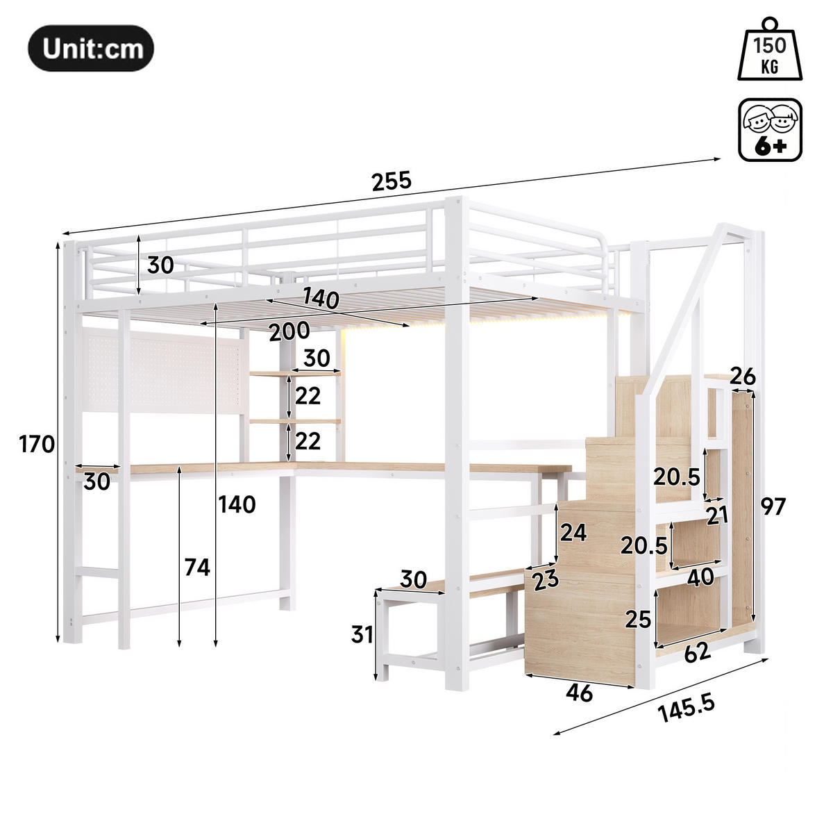 HOCHBETT 140x200 cm in Weiß mit Schreibtisch, Stauraumtreppe, LED und USB-Anschlüssen - Weiß, Holzwerkstoff (140/200cm) - IVMEU