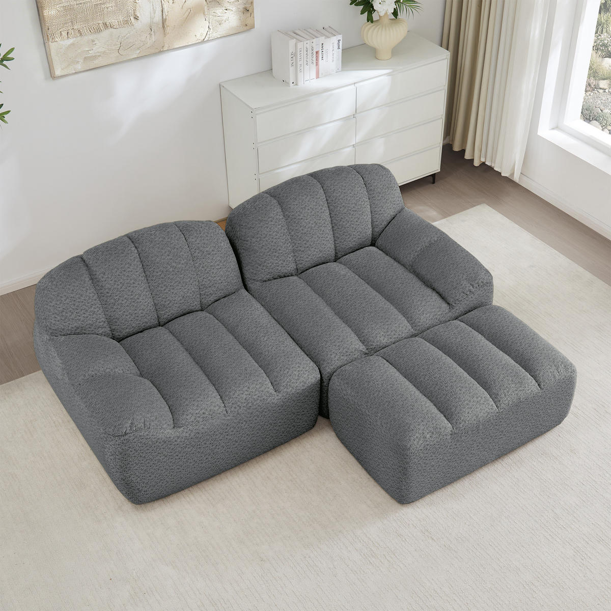 ECKSOFA 210×165×79 cm Granular Fleece rahmenlos modular mit 1 Ottoman, grau - Grau, Textil (165/210cm) - Luhomfu