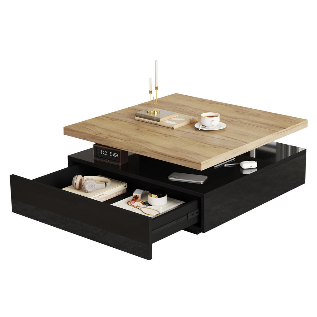 Modfu KONFERENČNÍ stolek z dřevotřísky 70x70x36 cm ořechová a černá s 360° otočnou deskou a skrytou zásuvkou