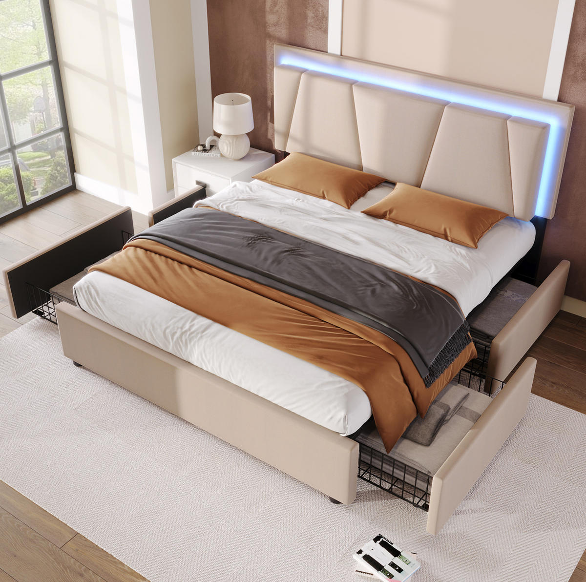 BETT mit LED, 4 Schubladen und Kopfteil 160x200 cm Beige - Beige, Holz (160/200cm) - Meubliv