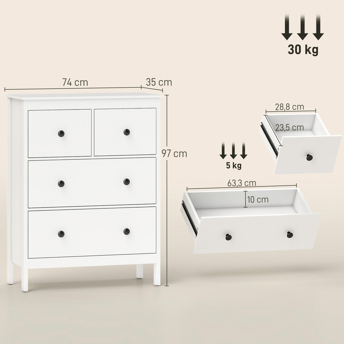 KOMMODE Moderner Sideboard mit 4 Schubladen für Wohnzimmer Weiß - Schwarz/Weiß, Holzwerkstoff/Kunststoff (35/97/74cm) - HOMCOM