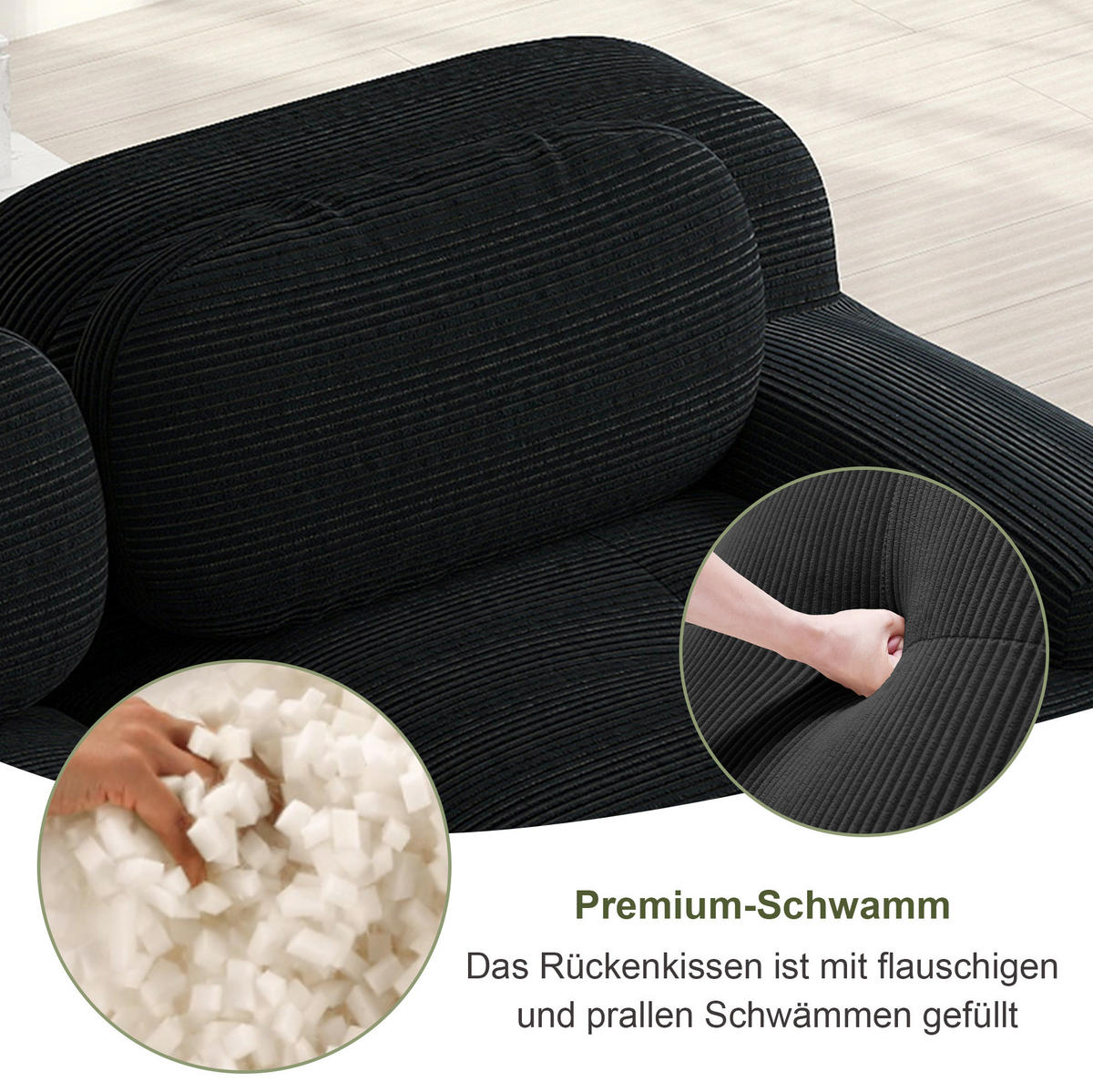 WOHNLANDSCHAFT 298/178/70 cm in Schwarz aus Cord mit rahmenlosem Design - Schwarz, Textil (178/70/298cm) - Flora Grace