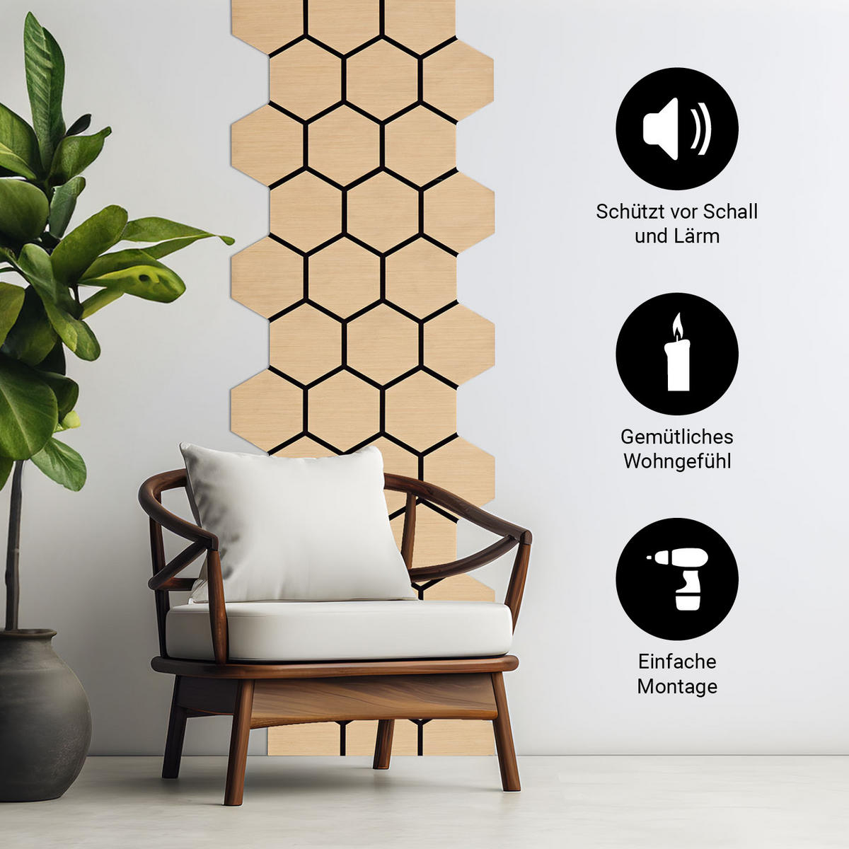 AKUSTIKPANEEL Hexagon Naturfarben 4 Stück - Naturfarben, Holz (62/76/2cm) - Homestyle4u