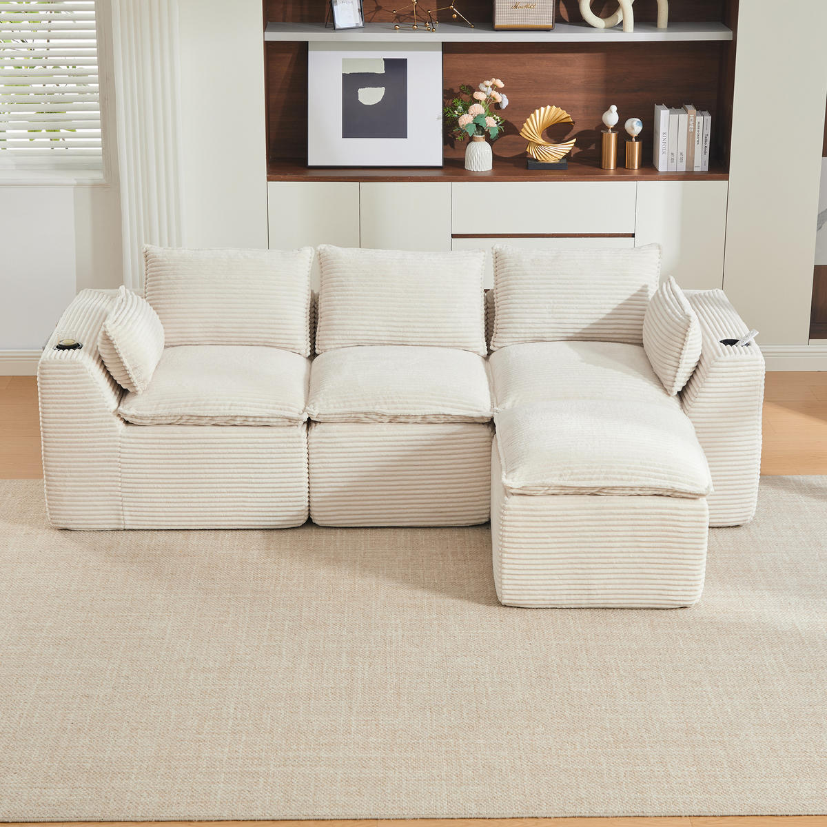 3-SITZER-SOFA aus Chenille, mit Fußhocker und Getränkehalter - Beige, Textil (256/75/161cm) - Urban Meuble