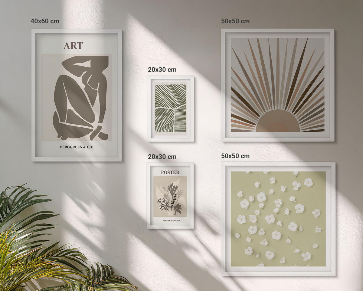 WANDBILDER 5er-Set - 50x50 cm & 20x30 cm & 40x60 cm Weißer Rahmen - Pflanzenmotive in gedeckten Farben - Weiß, Kunststoff (40/60cm) - ArtPrintCave