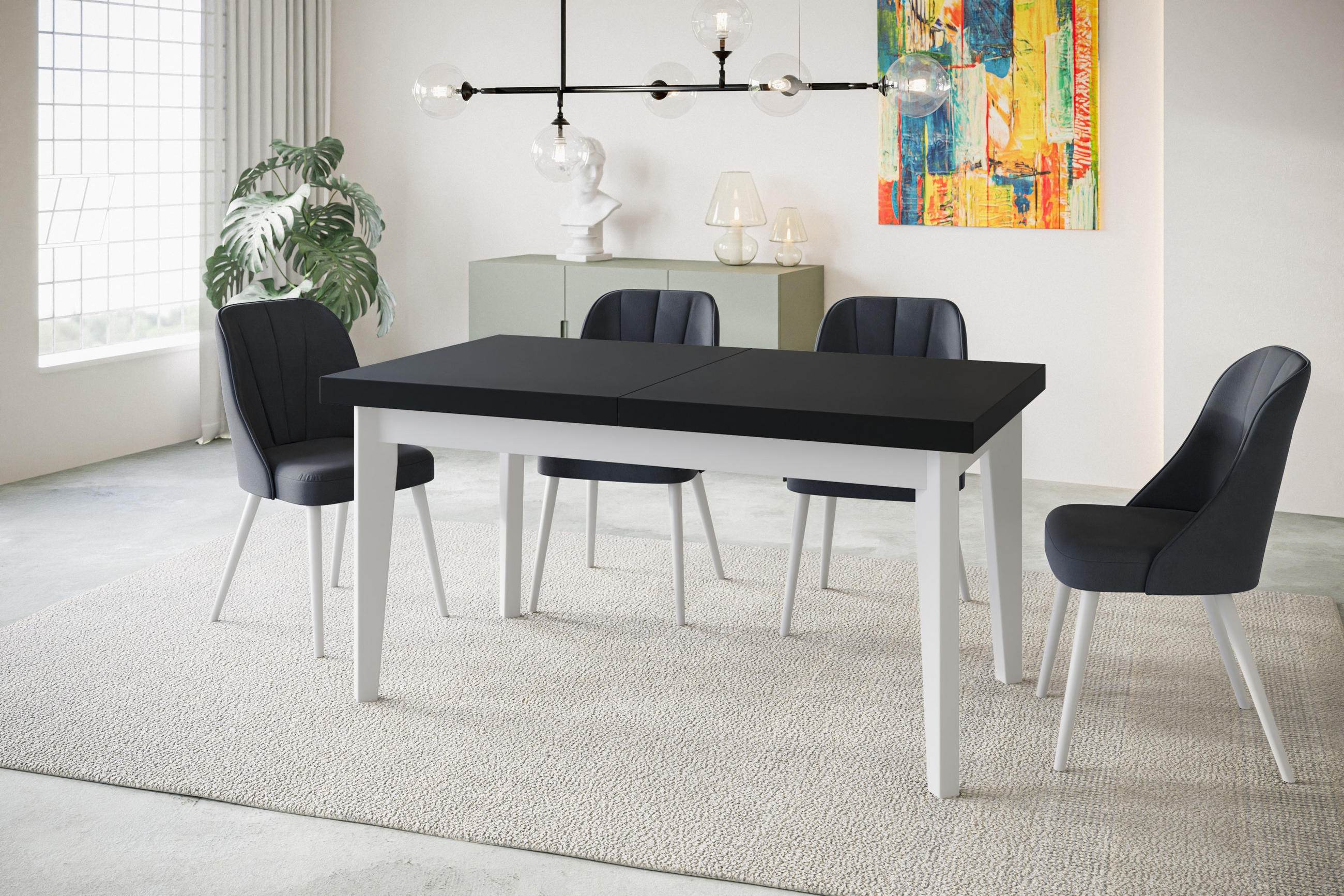 ESSZIMMERTISCH SKANDI, ausziehbarer Tisch: 200-300X100X78 cm, Farbe: Schwarz, mit Holzbeinen in Farbe Weiß - Schwarz/Weiß, Holzwerkstoff (200/100/78cm) - Alpi-Möbel