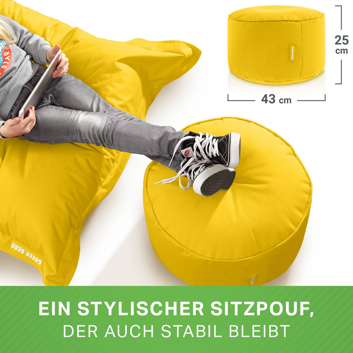 SITZSACK-HOCKER Pouf "Stay" 45x25cm - Gelb, Textil (45/25/45cm) - Green Bean